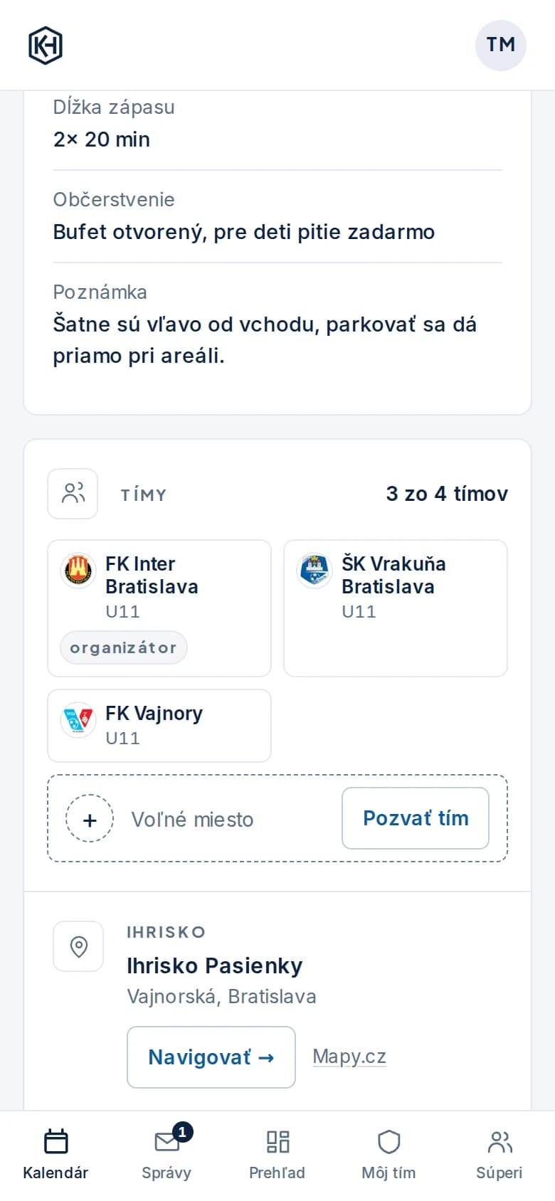 Karta Tímy: 3 zo 4 tímov (FK Inter Bratislava ako organizátor, ŠK Vrakuňa Bratislava a FK Vajnory) a voľné miesto s tlačidlom Pozvať tím, pod ňou Ihrisko Pasienky s navigáciou