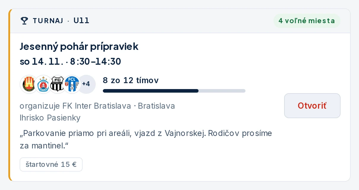 Karta turnaja v kalendári: záhlavie Turnaj · U11 so štítkom 4 voľné miesta, názov, deň a čas, logá štyroch prihlásených klubov a +4, 8 z 12 tímov s ukazovateľom zaplnenia a štartovné