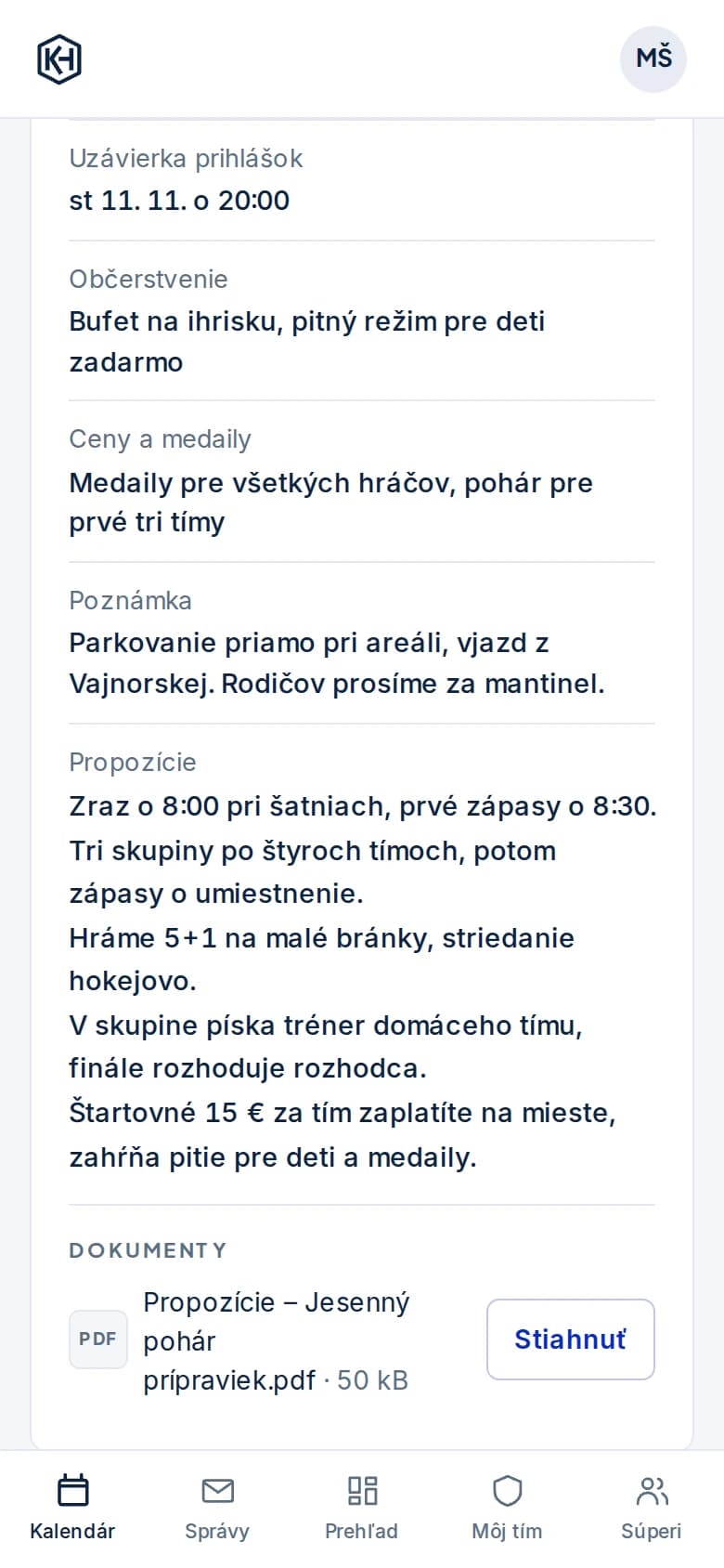 Podrobnosti turnaja: uzávierka prihlášok, občerstvenie, ceny a medaily, poznámka pre rodičov, propozície a PDF s propozíciami na stiahnutie